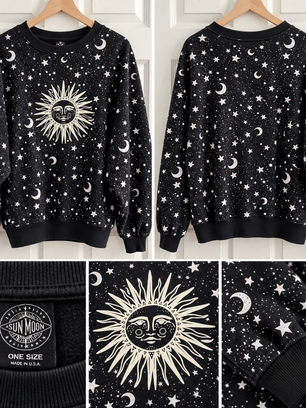 Sun Moon Celestial Black Oversized Sweatshirt Stars One Size Vintage Style